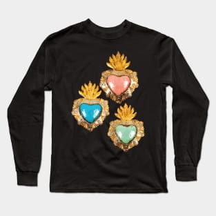 Mexican milagrito pastel colors sacred heart golden oaxaca folk art Long Sleeve T-Shirt